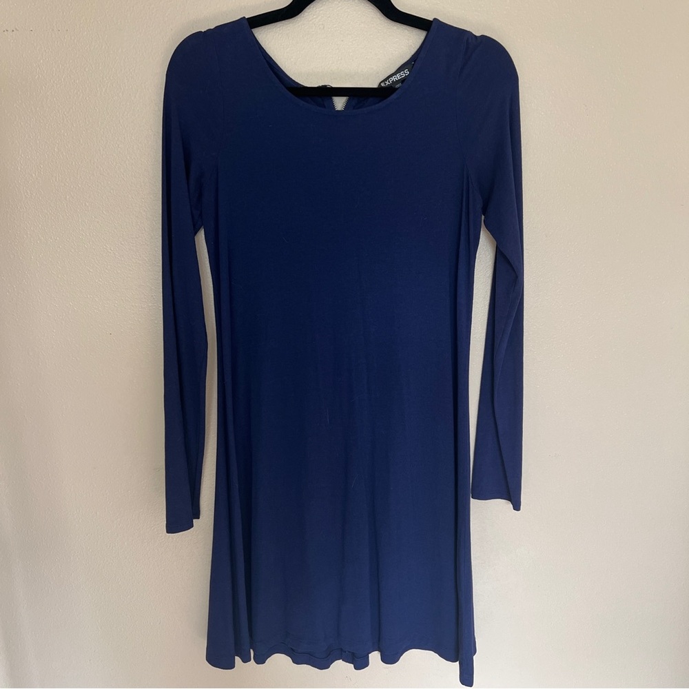 Express Blue A-Line Midi Dress with Long Sleeves and Crew Neck